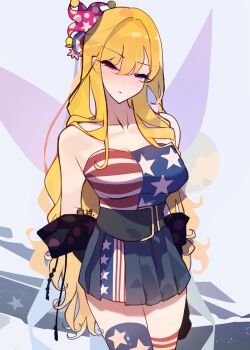 Rule 34 | 3girls, adapted costume, aged up, american flag, american flag dress, american flag print, blonde hair, breasts, clownpiece, collarbone, commentary, fairy, fairy wings, flag print, hair between eyes, hair over shoulder, hat, hecatia lapislazuli, highres, junko (touhou), kaliningradg, long hair, looking at viewer, medium breasts, mini person, mini person in clothes, multiple girls, pink eyes, symbol-only commentary, thighhighs, touhou, very long hair, wings, zettai ryouiki