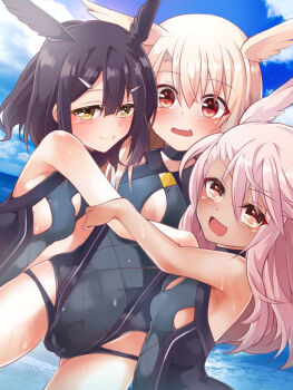 3girls armpit_crease armpit_peek bare_shoulders black_hair black_one-piece_swimsuit blush breasts brown_eyes cameltoe chloe_von_einzbern cleavage_cutout clothing_cutout cosplay dark-skinned_female dark_skin fate/grand_order fate/kaleid_liner_prisma_illya fate_(series) hair_between_eyes hair_ornament hairclip head_wings highleg highleg_one-piece_swimsuit highres illyasviel_von_einzbern long_hair looking_at_viewer miyu_edelfelt mochi_(k620803n) multiple_girls one-piece_swimsuit open_mouth orange_eyes pink_hair red_eyes sidelocks small_breasts smile swimsuit thrud_(fate) thrud_(swimsuit_assassin)_(fate) valkyrie_(fate) valkyrie_(fate)_(cosplay) white_hair wings