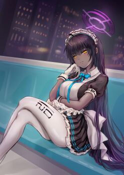 1girl absurdres black_dress black_hair blue_archive breasts closed_mouth crossed_legs dark-skinned_female dark_skin dress gloves gradient_hair halo highres kaikunso karin_(blue_archive) large_breasts long_hair looking_at_viewer maid maid_headdress multicolored_hair pantyhose purple_hair solo very_long_hair white_gloves white_headdress white_pantyhose yellow_eyes