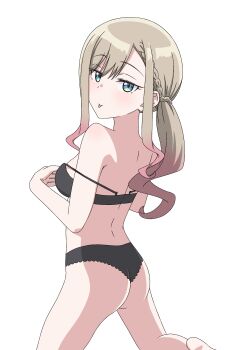 absurdres ass bad_girl_(manga) bare_shoulders black_bra black_panties blonde_hair bra braid breasts cowboy_shot facing_away front-hook_bra gradient_hair green_eyes highres kneeling looking_at_viewer medium_breasts multicolored_hair off_shoulder panties pink_hair ponytail ponytail_with_braided_base suzukaze_suzu thundradrawings tongue tongue_out two-tone_hair underwear undressing white_background