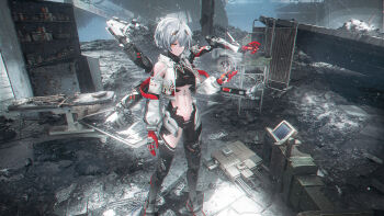 1girl absurdres breasts commentary_request concrete cropped_jacket cyborg debris extra_arms gloves grey_hair hair_over_one_eye highres jacket mechanical_arms medicine_bottle medicine_cabinet medium_breasts post-apocalypse punishing:_gray_raven red_eyes red_gloves rubble scenery seymour_(sai_lu_er) shelf short_hair solo standing underboob white_jacket yata:_fulgor_(pgr) yata_(pgr)