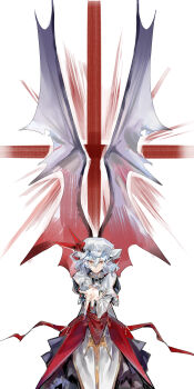 1girl absurdres alternate_costume babaiwan_fengchui bat_wings black_skirt blue_hair chinese_commentary closed_mouth clothing_request commentary_request fingernails hat hat_ribbon highres long_fingernails long_sleeves looking_at_viewer mob_cap pointy_ears reaching reaching_towards_viewer red_eyes red_nails red_ribbon remilia_scarlet ribbon shirt simple_background skirt smile solo touhou white_background white_hat white_shirt wings