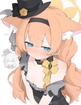 2girls animal_ear_fluff animal_ears ascot black_dress black_hairband blue_archive blue_eyes blush breasts cat_ears cat_girl cleavage closed_eyes collarbone crossed_bangs double-parted_bangs dress ears_down embarrassed extra_ears flower fluffy_hair flying_sweatdrops frilled_dress frills from_above green_ascot green_flower green_rose grey_feathers grey_hair hair_between_eyes hairband halo hat hat_flower highres idol idol_clothes long_hair looking_at_viewer mari_(blue_archive) mari_(idol)_(blue_archive) mini_hat mini_top_hat multiple_girls orange_hair portrait raised_inner_eyebrows rose sakurako_(blue_archive) sakurako_(idol)_(blue_archive) shaded_face sidelocks simple_background single_bare_shoulder single_off_shoulder small_breasts smile solo_focus standing sweatdrop tntl_nemui top_hat upper_body v_arms white_background yellow_flower yellow_halo yellow_rose