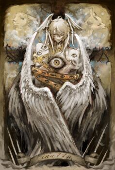 Rule 34 | 1boy, angel, angel wings, animal, baby animal, banner, biblically accurate angel, brown eyes, cross, extra eyes, goat, hashtag-only commentary, head wings, highres, honkai: star rail, honkai (series), horns, inu11u, lamb, looking down, male focus, multiple wings, nude, ophan, parted hair, plant, sheep, solo, sunday (honkai: star rail), thorns, twitter username, vines, wings