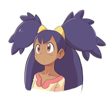 1girl absurdres bush collarbone cropped_torso dark-skinned_female dark_skin female_focus flat_chest hair_ornament highres iris_(pokemon) julian0223 light_blush long_hair looking_afar nintendo parted_lips pink_trim pokemon pokemon_bw purple_hair red_eyes shirt simple_background solo two_side_up upper_body white_background yellow_shirt