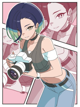 1girl bare_shoulders belt black_belt black_choker blue_hair bob_cut breasts brown_eyes camera choker collarbone commentary_request crop_top denim gradient_hair grey_shirt grey_sports_bra highres holding holding_camera jeans kanbei_(pixiv11037490) loose_hair_strand medium_breasts midriff multicolored_hair nintendo off-shoulder_shirt off_shoulder pants parted_lips perrin_(pokemon) photographer pokemon pokemon_sv ribbed_shirt shirt short_hair sleeveless sleeveless_shirt smile sports_bra undershirt watch wristwatch zoom_layer