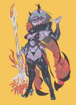 1girl asymmetrical_horns bikini black_bikini black_boots black_bridal_gauntlets black_cape black_nails boots breasts bridal_gauntlets broom cape cleavage commentary cyclops earrings english_commentary full_body furrowed_brow grey_hair hand_up high_heel_boots high_heels highleg highleg_bikini highres holding holding_broom hoop_earrings horns jewelry keziedra looking_at_viewer nail_polish navel one-eyed original pale_skin pomegranate_(keziedra) red_cape red_eyes short_hair sideboob solo standing swimsuit thigh_boots thorns two-sided_cape two-sided_fabric v-shaped_eyebrows v-shaped_eyes yellow_background