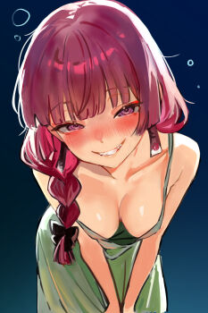 1girl aqua_background blue_background blunt_bangs blush bocchi_the_rock! braid breasts cleavage collarbone cowboy_shot dress drunk fangs gradient_background green_dress grin hair_over_shoulder highres hiroi_kikuri hunched_over large_breasts leaning_forward long_hair looking_at_viewer purple_eyes purple_hair seafoodisgood087 side_braid sleeveless sleeveless_dress smile solo squeans v_arms