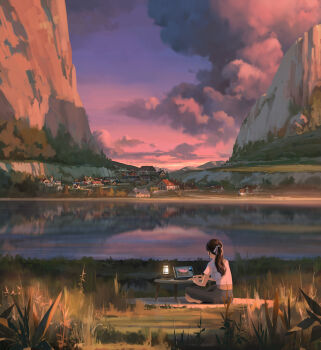 1girl absurdres cloud commentary computer_keyboard english_commentary evening gradient_sky grass highres lake lantern mountain original outdoors pants pink_sky purple_sky scenery short_sleeves sin_jonghun sitting sky sunset table tablet_pc valley village water yoga_pants