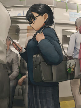 Rule 34 | backpack, bag, black hair, braid, cellphone, glasses, highres, holding, holding phone, jimiko, mejikara scene, multiple girls, original, phone, school bag, school uniform, skirt, solo focus