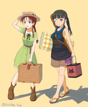 2girls alternate_costume black_eyes black_hair black_shirt boots braid brown_boots commentary dress eyepatch full_body green_dress hat keicha_(kmoekaki) long_hair minna-dietlinde_wilcke multiple_girls ponytail red_eyes red_hair sakamoto_mio sandals shadow shirt shorts simple_background smile standing strike_witches suitcase symbol-only_commentary twin_braids world_witches_series yellow_background