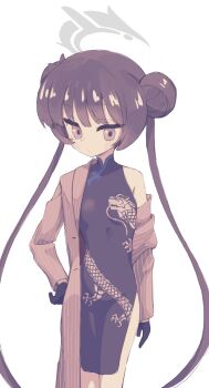 1girl black_dress black_gloves black_hair blue_archive breasts china_dress chinese_clothes commentary_request double_bun dragon_print dress gloves grey_eyes grey_halo grey_jacket hair_bun halo highres jacket kisaki_(blue_archive) long_hair looking_at_viewer open_clothes open_jacket pinstripe_jacket pinstripe_pattern simple_background sleeveless sleeveless_dress solo suwasui twintails very_long_hair white_background