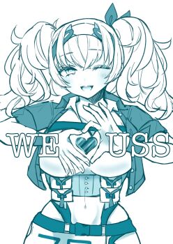 Rule 34 | 1girl, blue theme, breasts, commentary request, english text, gambier bay (kancolle), gambier bay mk ii (kancolle), hair between eyes, hair ribbon, hairband, heart, heart hands, highres, kantai collection, large breasts, long hair, looking at viewer, monochrome, nagi kantai114, navel, one eye closed, open mouth, ribbon, shirt, short sleeves, simple background, solo, twintails