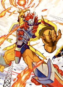 1boy analog_boy02 armor claws colored_skin commentary_request digimon digimon_(creature) fire helmet highres horns male_focus orange_skin red_hair sky solo wargreymon
