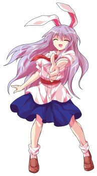 1girl alphes_(style) animal_ears blue_skirt bobby_socks brown_shoes buttons carrot closed_eyes collared_shirt commentary_request dairi dress_shirt full_body hair_between_eyes highres large_variant_set legs_apart long_hair necktie open_mouth parody pointing pointing_at_viewer puffy_short_sleeves puffy_sleeves purple_hair rabbit_ears red_necktie reisen_udongein_inaba shirt shoes short_sleeves skirt smile socks solo standing style_parody tachi-e touhou transparent_background variant_set very_long_hair white_shirt white_socks