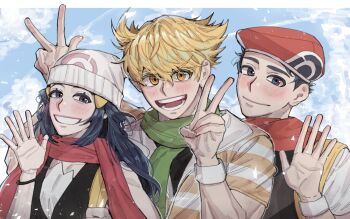 1girl 2boys :d barry_(pokemon) beanie blonde_hair blue_eyes blue_hair blue_sky bracelet cloud cloudy_sky dawn_(pokemon) day double_v green_scarf grin hair_ornament hairclip hands_up hat jacket jewelry long_hair looking_at_viewer lucas_(pokemon) multiple_boys nintendo open_mouth outdoors parallel_hairclips pokemon pokemon_dppt red_hat red_scarf scarf short-sleeved_jacket short_sleeves sidelocks sky sleeveless smile striped_clothes striped_jacket v washing_(psg011204) waving yellow_bag yellow_eyes