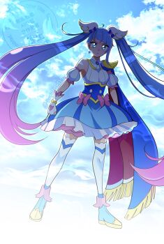 Rule 34 | 1girl, absurdres, ankle boots, artist name, backlighting, blue boots, blue cape, blue dress, blue eyes, blue hair, blue sky, boots, bow, brooch, cape, clenched hand, closed mouth, cloud, cloudy sky, commentary, cure sky, cut bangs, day, detached sleeves, dress, dress bow, dutch angle, earrings, fingerless gloves, frilled dress, frills, fringe trim, frown, full body, gloves, gradient hair, hair ornament, highres, hirogaru sky! precure, jewelry, long hair, looking at viewer, magical girl, mitsuki tayura, multicolored hair, outdoors, pink bow, pink hair, precure, puffy detached sleeves, puffy sleeves, red cape, short dress, signature, single earring, single sidelock, sky, sleeveless, sleeveless dress, solo, sora harewataru, standing, streaked hair, thighhighs, twintails, twitter username, two-sided cape, two-sided fabric, two-tone dress, two-tone hair, very long hair, white dress, white gloves, white thighhighs, wing brooch, wing hair ornament