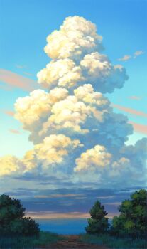 cloud cloudy_sky cumulonimbus_cloud day grass hariken highres horizon marine_day no_humans ocean original path pine_tree road sky tree