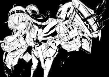 1girl breasts censored censored_text chou-10cm-hou-chan chou-10cm-hou-chan_(suzutsuki's) closed_mouth clothes_writing commentary_request greyscale hachimaki hair_between_eyes hand_to_own_mouth headband headgear kantai_collection large_breasts leaning_forward miniskirt monochrome neckerchief pleated_skirt rigging sailor_collar school_uniform serafuku simple_background skirt suzutsuki_(kancolle) takeshima_satoshi