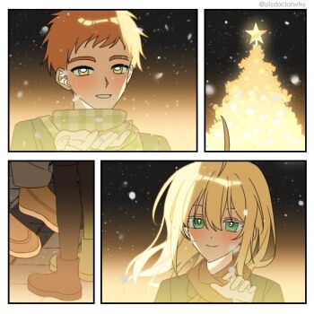 1boy 1girl artoria_pendragon_(fate) blonde_hair blush brown_eyes christmas christmas_tree commentary_request couple emiya_shirou fate/stay_night fate_(series) green_eyes korean_commentary looking_at_another red_hair rugihodo saber_(fate)