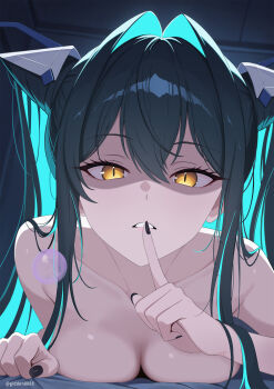 1girl aqua_hair black_hair black_nails breasts bubble cleavage colored_inner_hair finger_to_mouth fingernails folded_hair goddess_of_victory:_nikke hair_intakes hand_up highres index_finger_raised little_mermaid_(nikke) long_hair looking_at_viewer medium_breasts multicolored_hair nail_polish nude parted_lips shaded_face shushing slit_pupils soft_&amp;_wet solo tsai_gi twintails very_long_hair yellow_eyes