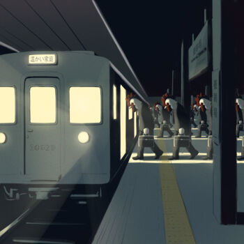 6+others avogado6 bird briefcase chicken formal_clothes multiple_others night number_pun original rooster suit train translated walking