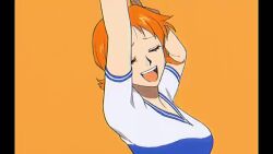 1girl 2023 animated bangle bracelet breasts brown_eyes closed_mouth collarbone jewelry large_breasts log_pose looking_at_viewer motion_blur nami_(one_piece) nami_(one_piece)_(east_blue) one_piece open_mouth orange_background orange_hair own_hands_clasped pillarboxed qin_(7833198) shirt short_hair short_sleeves shoulder_tattoo simple_background smile solo sparkle striped_clothes striped_shirt tattoo teeth two-tone_shirt upper_body upper_teeth_only v-neck video