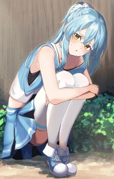 1girl absurdres alternate_costume bare_shoulders black_vest blue_hair blue_shoes blue_skirt blue_vest blush cheerleader chocoeiru collarbone commentary_request full_body hair_between_eyes highres hugging_own_legs knees_up long_hair looking_at_viewer multicolored_shoes multicolored_vest open_mouth outdoors pleated_skirt ponytail rimuru_tempest shoes skirt solo squatting sweatdrop tensei_shitara_slime_datta_ken thighhighs two-tone_shoes vest white_shoes white_thighhighs white_vest yellow_eyes