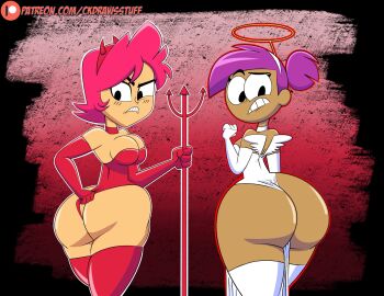 2girls angel ass bare_shoulders breasts ckdrawsstuff commentary demon_costume elbow_gloves english_commentary enid_(ok_k.o.!) from_behind gloves halloween halloween_costume highres huge_ass multiple_girls ok_k.o.!_let&#039;s_be_heroes patreon_logo pear-shaped_figure red_action red_gloves toon_(style) watermark web_address white_gloves