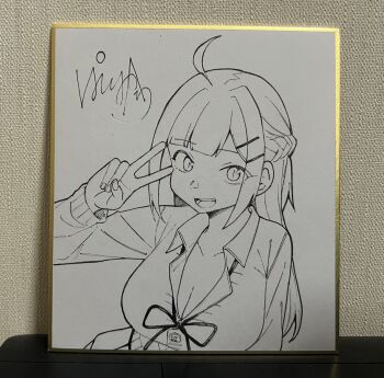 1girl absurdres ahoge braid breasts cardigan cleavage collared_shirt commentary_request doujima-kun_wa_doujinai hair_ornament hairclip half_updo hand_up highres himewaka_(doujima-kun_wa_doujinai) large_breasts long_hair long_sleeves looking_at_viewer neck_ribbon open_mouth panyakawa parallel_hairclips photo_(medium) ribbon school_uniform shirt sidelocks signature smile solo teeth traditional_media upper_teeth_only v