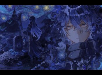 1boy antenna_hair black_coat blue_fire blue_hair closed_mouth coat collared_coat commentary_request crossed_bangs facing_away facing_viewer fire flins_(genshin_impact) full_body genshin_impact grave hair_between_eyes highres holding holding_lantern lantern letterboxed lighthouse long_hair long_sleeves male_focus multiple_views no_pupils painterly portrait sorara222 standing starry_night_(van_gogh) swirl yellow_eyes