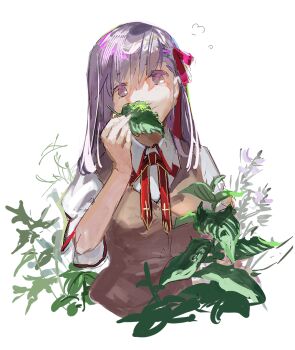 Rule 34 | 1girl, closed mouth, collared shirt, commentary request, cropped torso, emiya-san chi no kyou no gohan, fate/stay night, fate (series), fingernails, hair ribbon, hand up, holding, holding leaf, homurabara academy school uniform, leaf, light smile, looking at viewer, matou sakura, medium hair, neck ribbon, no pupils, plant, purple eyes, purple hair, red ribbon, ribbon, school uniform, shirt, simple background, sketch, solo, ubwmitekure, white background