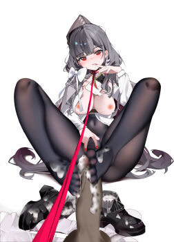 1boy 1girl absurdres black_pantyhose black_shoes breasts breasts_out cape censored chinese_commentary commentary_request covered_navel cum cum_in_footwear cum_on_body cum_on_feet cum_on_penis dark-skinned_male dark_skin erection fingernails footjob grey_cape grey_hair hand_up highres large_breasts legs long_hair long_sleeves mosaic_censoring nail_polish nipples no_shoes original pantyhose parted_lips penis red_eyes red_nails ribbon shenmi_de_xigua shoes simple_background sitting spread_legs spread_pussy spread_pussy_under_clothes thighs toenails unworn_shoes white_background white_ribbon