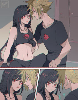 1boy 1girl alternate_costume bare_shoulders black_gloves black_hair black_shirt black_sports_bra blonde_hair blue_eyes blush breasts cloud_strife commentary commission couple english_commentary eye_contact final_fantasy final_fantasy_vii gloves gym gym_uniform hetero imminent_kiss indoors long_hair looking_at_another matching_outfits medium_breasts midriff miyukiko motion_lines navel parted_lips red_eyes shirt signature spiked_hair sports_bra sweatdrop swept_bangs tifa_lockhart upper_body