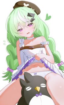 1girl absurdres braid clothes_lift commentary dress green_hair hat highres long_hair nazuna_(stella_sora) panties shusuchii solo stella_sora twin_braids underwear white_background white_dress white_panties