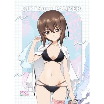 1girl bikini bikini_under_clothes black_bikini blush breasts brown_eyes brown_hair curvy girls_und_panzer highres looking_at_viewer navel nishizumi_maho official_art shiny_skin short_hair simple_background smile solo swimsuit thong thong_bikini wide_hips