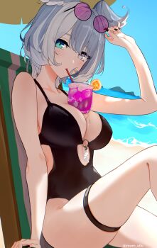 1girl absurdres aqua_eyes beach beach_chair between_breasts black_nails black_one-piece_swimsuit blue_hair blue_sky blush breasts chair cleavage clothing_cutout cocktail cross-shaped_pupils drinking drinking_straw elira_pendora eyewear_on_head heterochromia highres large_breasts linea_alba looking_at_viewer nijisanji nijisanji_en ocean on_chair one-piece_swimsuit purple-tinted_eyewear purple_eyes reore_o0o side_cutout sitting skindentation sky solo sunglasses swimsuit symbol-shaped_pupils thigh_strap tinted_eyewear twitter_username virtual_youtuber