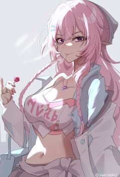 1girl bandeau blue_hat blue_jacket breasts candy chuuna_(unagiunazy) cleavage commentary_request crop_top cyrene_(honkai:_star_rail) cyrene_(nylon_japan)_(honkai:_star_rail) cyrene_(ripples_of_past_reverie)_(honkai:_star_rail) diamond-shaped_pupils diamond_(shape) food grey_background hat heart heart_necklace highres holding holding_candy holding_food holding_lollipop honkai:_star_rail honkai_(series) jacket jewelry lollipop long_hair looking_at_viewer medium_breasts midriff navel necklace off-shoulder_bandeau off_shoulder pink_hair pointy_ears purple_eyes solo symbol-shaped_pupils twitter_username very_long_hair