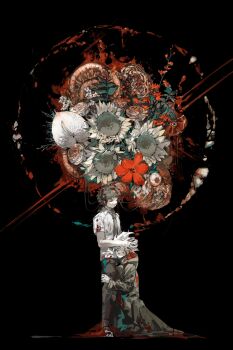 Rule 34 | 2boys, ahoge, black hair, black necktie, black pants, blood, blood on clothes, chinese commentary, closed eyes, closed mouth, coat, collared shirt, commentary request, danganronpa (series), danganronpa 2: goodbye despair, eyeball, flower, full body, green coat, hand in another's hair, hand on another's leg, highres, hinata hajime, hood, hood down, hooded coat, intestines, kneeling, komaeda nagito, ku (covin tan), long sleeves, male focus, multiple boys, necktie, pants, red flower, rose, shirt, shoes, short hair, short sleeves, standing, sunflower, white flower, white hair, white rose, white shirt, white shoes