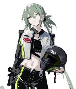 1girl contrapposto crop_top green_eyes grey_hair hatsune_miku head_tilt helmet jacket jiu_ye_sang long_hair looking_at_viewer midriff motorcycle_helmet navel open_clothes open_fly open_jacket ponytail serious sidelocks simple_background solo unbuttoned unworn_headwear unworn_helmet vocaloid white_background