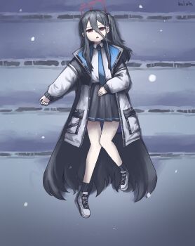 1girl absurdly_long_hair absurdres artist_name black_hair black_skirt blade_runner_(series) blade_runner_2049 blue_archive blue_necktie collared_shirt commentary empty_eyes expressionless full_body goslingposting_(meme) hair_between_eyes halo highres jacket kai_xin kei_(blue_archive) long_bangs long_hair lying meme miniskirt necktie on_back on_stairs open_clothes open_jacket parody parted_lips rectangular_halo red_eyes red_halo scene_reference school_uniform shirt shirt_tucked_in shoes skirt snowing solo symbol-only_commentary the_masculine_urge_to_slowly_bleed_out_here_(meme) very_long_hair white_jacket white_shirt white_shoes