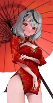 Rule 34 | absurdres, black hair, blush, breasts, chinese clothes, cleavage, commentary request, grey hair, hair between eyes, hair ornament, highres, holding, holding umbrella, hololive, large breasts, multicolored hair, nema 029, oil-paper umbrella, open mouth, red eyes, sakamata chloe, tears, umbrella, virtual youtuber, x hair ornament