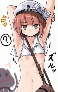 10s 1girl ? ^^^ armpits arms_up bag beret bikini bikini_top_lift blush breast_slip breasts brown_eyes brown_hair clothes_lift clothes_writing clueless female_focus hat jellyfish kantai_collection looking_at_viewer navel nipple_slip nipples sailor_bikini sailor_collar sailor_hat short_hair shoulder_bag small_breasts solo spoken_question_mark swimsuit tsuzuri_(tuzuri) upper_body wardrobe_malfunction white_bikini white_hat z3_max_schultz_(kancolle) z3_max_schultz_(swimsuit)_(kancolle)