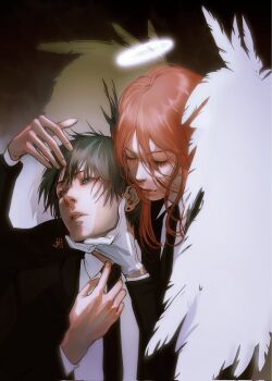 Rule 34 | 2boys, angel, angel devil (chainsaw man), angel wings, black hair, black necktie, black suit, blue eyes, chainsaw man, closed eyes, collared shirt, commentary, corrupted twitter file, earrings, english commentary, eyelashes, feathered wings, formal clothes, gloves, glowing, glowing halo, hair between eyes, halo, hayakawa aki, highres, jacket, jewelry, jumi skt, long hair, male focus, multiple boys, necktie, parted lips, shirt, short hair, suit, suit jacket, teeth, topknot, traditional halo, upper body, white gloves, white shirt, white wings, wings, yaoi