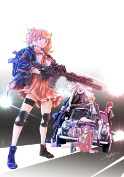 1boy 4girls ar-15 assault_rifle blonde_hair business_suit car carbine character_request cross_promotion elephant_man formal_clothes gloves gun handgun highres hitman_girl jacket kac_sr-16_mod.2 knee_pads knight's_armament_company long_hair m16 m1911 mantohihi_binta motor_vehicle multiple_girls necktie open_clothes open_jacket orange_hair pigtail_braids pink_hair pistol ponytail promotional_art red_hair rifle school_uniform short_hair skirt studio_zoon suit suppressor tie-in translation_request tusks weapon weapon_focus weird_guns_of_the_world wilson_combat_1911 wilson_combat_1911_professional