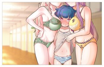 3girls @_@ age_difference ahoge blue_hair blurry blurry_background blush border bow bow_camisole bow_panties bra breast_press breasts camisole camisole_lift character_request closed_mouth clothes_lift colored_inner_hair cowboy_shot crotch_seam day depth_of_field drooling flat_chest front-print_panties frown green_bra green_panties grey_camisole hallway hand_on_own_hip head_out_of_frame height_difference indie_virtual_youtuber indoors kitanya_nyanta large_breasts lifting_own_clothes loli long_hair mouth_drool multicolored_hair multiple_girls navel nose_blush onee-loli open_mouth panties pettan_(zeez4743) pink_hair print_bra print_panties purple_hair red_eyes smile standing stomach striped_clothes striped_panties underwear underwear_only virtual_youtuber vividly_vivi white_border yellow_bra yellow_panties yuri