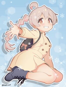 Rule 34 | 1girl, absurdres, ahoge, backpack, bag, bag bow, black bag, blue background, blue boots, boots, bow, braid, braided ponytail, brown eyes, coat, commentary request, double-parted bangs, drop shadow, floating hair, gradient background, grin, highres, kneeling, light blush, long hair, long sleeves, looking at viewer, melciort, onii-chan wa oshimai!, outline, outstretched arm, oyama mahiro, pink bow, smile, snowflakes, snowing, solo, trench coat, twitter username, white background, white hair, white outline, yellow coat