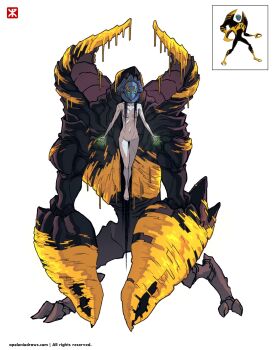 1girl apoloniodraws ben_10 ben_10:_alien_force claw_(weapon) highres lodestar_(ben_10) long_hair mask metal_mask multiple_scars nude omnitrix scar signature telekinesis very_long_hair weapon