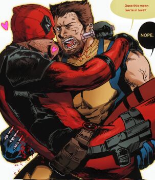 2boys anger_vein belt belt_pouch black_gloves blood blue_gloves bodysuit borderline7839 brown_belt brown_hair carrying claw_(weapon) claws commentary deadpool deadpool_&amp;_wolverine deadpool_(series) english_text gloves heart highres holding holding_knife holstered knife male_focus marvel mask_lift multicolored_bodysuit multiple_boys muscular muscular_male one_eye_closed open_mouth pouch princess_carry puckered_lips red_bodysuit red_mask saliva sleeveless speech_bubble stab superhero_costume sweatdrop teeth two-tone_bodysuit veins veiny_arms weapon wolverine_(x-men) x-men yaoi yellow_bodysuit