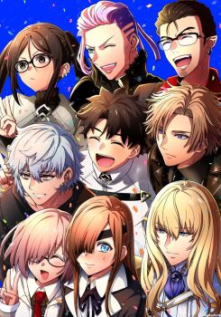 3girls 6+boys akuta_hinako ascot beryl_gut black-framed_eyewear black_gloves black_hair black_jacket black_ribbon black_shirt black_vest blonde_hair blue_background blue_eyes blue_gem blush brown_eyes brown_hair buttons capelet closed_eyes closed_mouth collared_shirt commentary_request confetti daybit_sem_void earrings eyepatch facial_hair fang fate/grand_order fate_(series) fujimaru_ritsuka_(male) fur-trimmed_jacket fur_trim gem glasses gloves gold_earrings green_eyes grey_hair hair_between_eyes hair_over_one_eye hand_on_own_face hand_up happy highres honchu hood hoodie jacket jewelry kadoc_zemlupus kirschtaria_wodime lapels long_hair long_sleeves looking_at_another looking_to_the_side low_ponytail mash_kyrielight multiple_boys multiple_girls neck_ribbon necktie open_clothes open_hoodie open_jacket open_mouth ophelia_phamrsolone pendant pink_hair ponytail purple_ascot purple_eyes purple_hair red_necktie ribbon scandinavia_peperoncino shirt short_hair sidelocks simple_background smile sweatdrop teeth tongue twintails upper_body v v-shaped_eyebrows vest wavy_hair white_capelet white_hoodie white_jacket white_shirt yu_mei-ren_(fate)